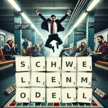 Kreative Illustration für ein Scrabble-Spiel, bei dem das Wort SCHWELLENMODELL mit Steinen auf dem Brett gelegt wurde.