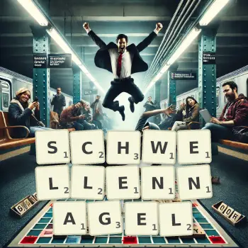 Kreative Illustration für ein Scrabble-Spiel, bei dem das Wort SCHWELLENNAGEL mit Steinen auf dem Brett gelegt wurde.