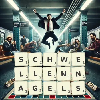 Kreative Illustration für ein Scrabble-Spiel, bei dem das Wort SCHWELLENNAGELS mit Steinen auf dem Brett gelegt wurde.