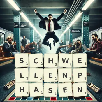 Kreative Illustration für ein Scrabble-Spiel, bei dem das Wort SCHWELLENPHASEN mit Steinen auf dem Brett gelegt wurde.