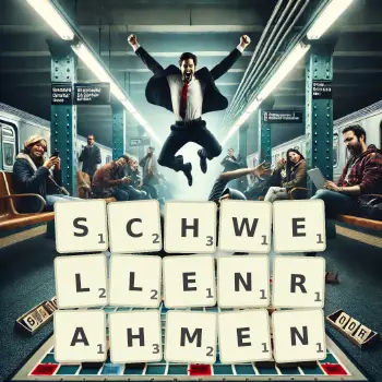 Kreative Illustration für ein Scrabble-Spiel, bei dem das Wort SCHWELLENRAHMEN mit Steinen auf dem Brett gelegt wurde.