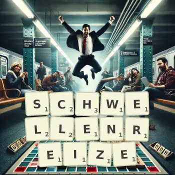 Kreative Illustration für ein Scrabble-Spiel, bei dem das Wort SCHWELLENREIZE mit Steinen auf dem Brett gelegt wurde.