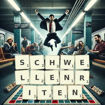 Kreative Illustration für ein Scrabble-Spiel, bei dem das Wort SCHWELLENRITEN mit Steinen auf dem Brett gelegt wurde.