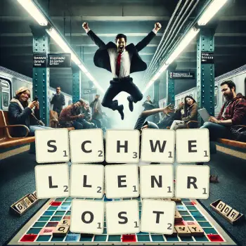 Kreative Illustration für ein Scrabble-Spiel, bei dem das Wort SCHWELLENROST mit Steinen auf dem Brett gelegt wurde.