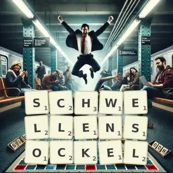 Kreative Illustration für ein Scrabble-Spiel, bei dem das Wort SCHWELLENSOCKEL mit Steinen auf dem Brett gelegt wurde.