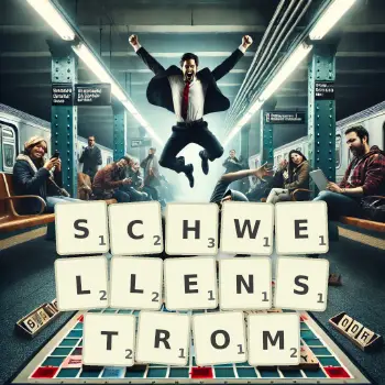 Kreative Illustration für ein Scrabble-Spiel, bei dem das Wort SCHWELLENSTROM mit Steinen auf dem Brett gelegt wurde.