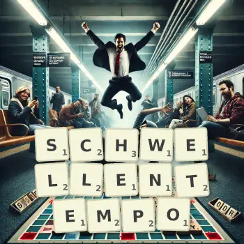 Kreative Illustration für ein Scrabble-Spiel, bei dem das Wort SCHWELLENTEMPO mit Steinen auf dem Brett gelegt wurde.