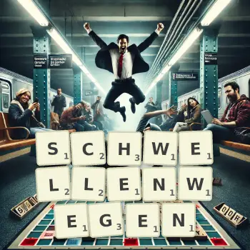 Kreative Illustration für ein Scrabble-Spiel, bei dem das Wort SCHWELLENWEGEN mit Steinen auf dem Brett gelegt wurde.