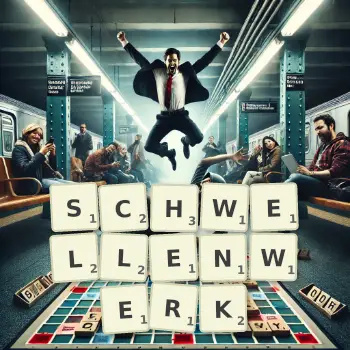 Kreative Illustration für ein Scrabble-Spiel, bei dem das Wort SCHWELLENWERK mit Steinen auf dem Brett gelegt wurde.