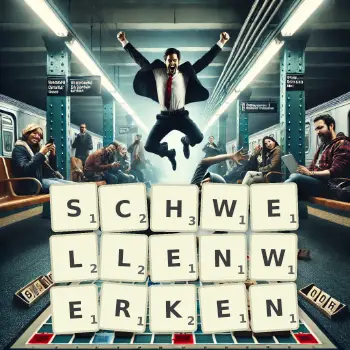 Kreative Illustration für ein Scrabble-Spiel, bei dem das Wort SCHWELLENWERKEN mit Steinen auf dem Brett gelegt wurde.