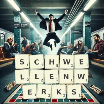 Kreative Illustration für ein Scrabble-Spiel, bei dem das Wort SCHWELLENWERKS mit Steinen auf dem Brett gelegt wurde.