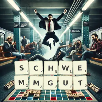 Kreative Illustration für ein Scrabble-Spiel, bei dem das Wort SCHWEMMGUT mit Steinen auf dem Brett gelegt wurde.