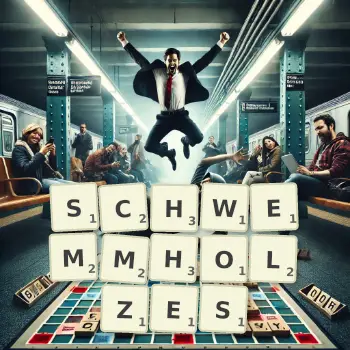 Kreative Illustration für ein Scrabble-Spiel, bei dem das Wort SCHWEMMHOLZES mit Steinen auf dem Brett gelegt wurde.