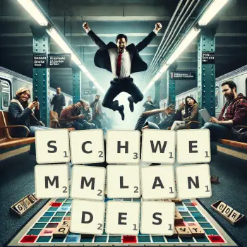 Kreative Illustration für ein Scrabble-Spiel, bei dem das Wort SCHWEMMLANDES mit Steinen auf dem Brett gelegt wurde.
