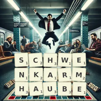 Kreative Illustration für ein Scrabble-Spiel, bei dem das Wort SCHWENKARMHAUBE mit Steinen auf dem Brett gelegt wurde.