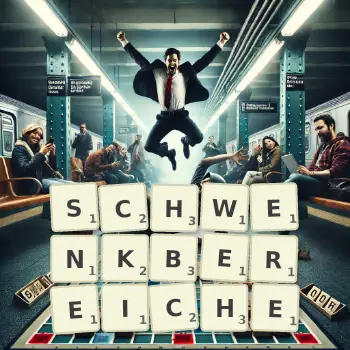 Kreative Illustration für ein Scrabble-Spiel, bei dem das Wort SCHWENKBEREICHE mit Steinen auf dem Brett gelegt wurde.