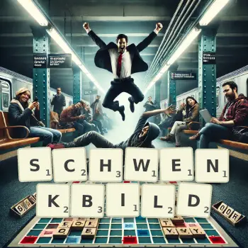 Kreative Illustration für ein Scrabble-Spiel, bei dem das Wort SCHWENKBILD mit Steinen auf dem Brett gelegt wurde.