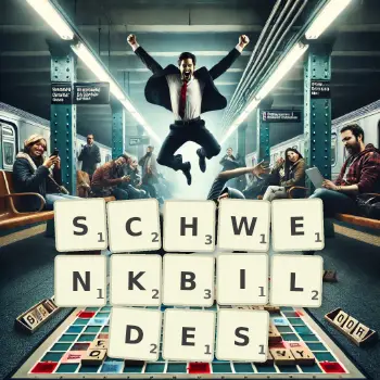 Kreative Illustration für ein Scrabble-Spiel, bei dem das Wort SCHWENKBILDES mit Steinen auf dem Brett gelegt wurde.