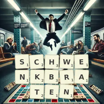 Kreative Illustration für ein Scrabble-Spiel, bei dem das Wort SCHWENKBRATEN mit Steinen auf dem Brett gelegt wurde.
