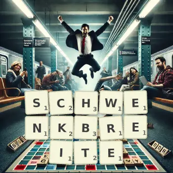 Kreative Illustration für ein Scrabble-Spiel, bei dem das Wort SCHWENKBREITE mit Steinen auf dem Brett gelegt wurde.