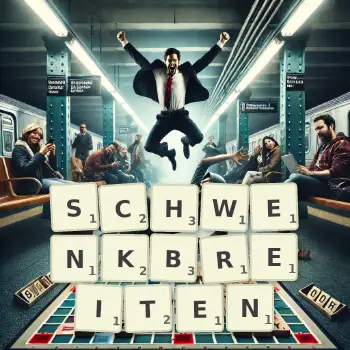 Kreative Illustration für ein Scrabble-Spiel, bei dem das Wort SCHWENKBREITEN mit Steinen auf dem Brett gelegt wurde.