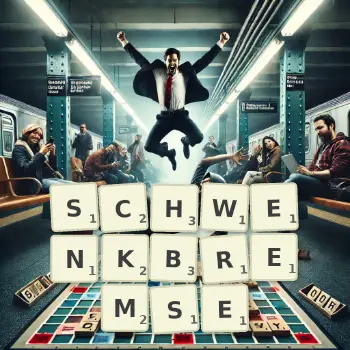 Kreative Illustration für ein Scrabble-Spiel, bei dem das Wort SCHWENKBREMSE mit Steinen auf dem Brett gelegt wurde.