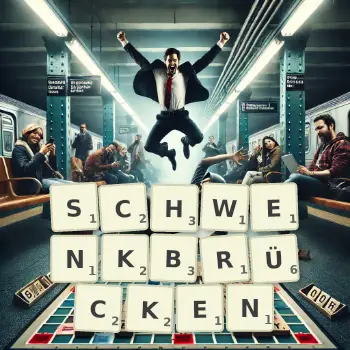 Kreative Illustration für ein Scrabble-Spiel, bei dem das Wort SCHWENKBRÜCKEN mit Steinen auf dem Brett gelegt wurde.