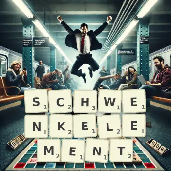 Kreative Illustration für ein Scrabble-Spiel, bei dem das Wort SCHWENKELEMENT mit Steinen auf dem Brett gelegt wurde.