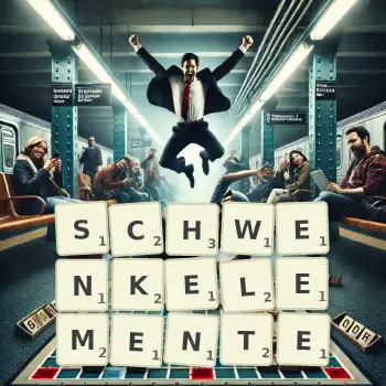 Kreative Illustration für ein Scrabble-Spiel, bei dem das Wort SCHWENKELEMENTE mit Steinen auf dem Brett gelegt wurde.