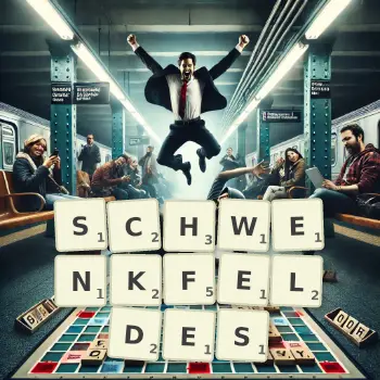 Kreative Illustration für ein Scrabble-Spiel, bei dem das Wort SCHWENKFELDES mit Steinen auf dem Brett gelegt wurde.