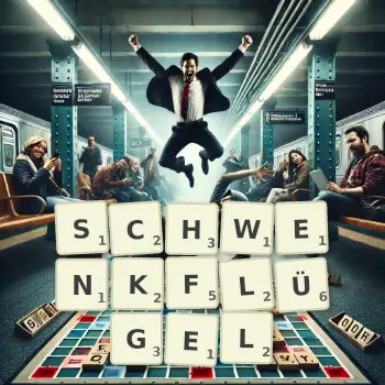Kreative Illustration für ein Scrabble-Spiel, bei dem das Wort SCHWENKFLÜGEL mit Steinen auf dem Brett gelegt wurde.