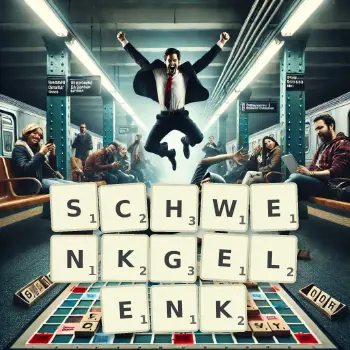 Kreative Illustration für ein Scrabble-Spiel, bei dem das Wort SCHWENKGELENK mit Steinen auf dem Brett gelegt wurde.