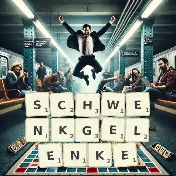 Kreative Illustration für ein Scrabble-Spiel, bei dem das Wort SCHWENKGELENKE mit Steinen auf dem Brett gelegt wurde.