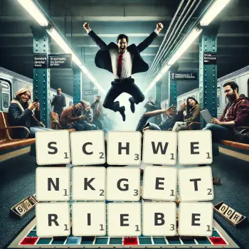 Kreative Illustration für ein Scrabble-Spiel, bei dem das Wort SCHWENKGETRIEBE mit Steinen auf dem Brett gelegt wurde.