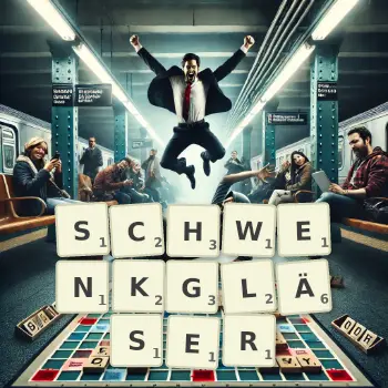 Kreative Illustration für ein Scrabble-Spiel, bei dem das Wort SCHWENKGLÄSER mit Steinen auf dem Brett gelegt wurde.