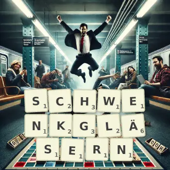 Kreative Illustration für ein Scrabble-Spiel, bei dem das Wort SCHWENKGLÄSERN mit Steinen auf dem Brett gelegt wurde.