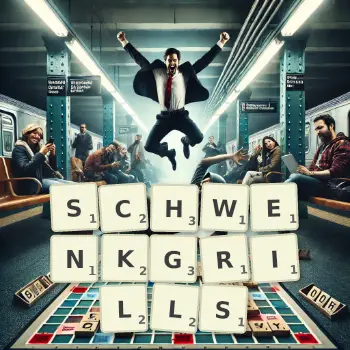 Kreative Illustration für ein Scrabble-Spiel, bei dem das Wort SCHWENKGRILLS mit Steinen auf dem Brett gelegt wurde.