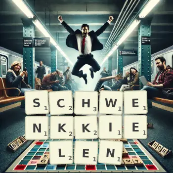 Kreative Illustration für ein Scrabble-Spiel, bei dem das Wort SCHWENKKIELEN mit Steinen auf dem Brett gelegt wurde.