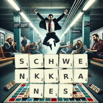 Kreative Illustration für ein Scrabble-Spiel, bei dem das Wort SCHWENKKRANES mit Steinen auf dem Brett gelegt wurde.