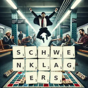 Kreative Illustration für ein Scrabble-Spiel, bei dem das Wort SCHWENKLAGERS mit Steinen auf dem Brett gelegt wurde.