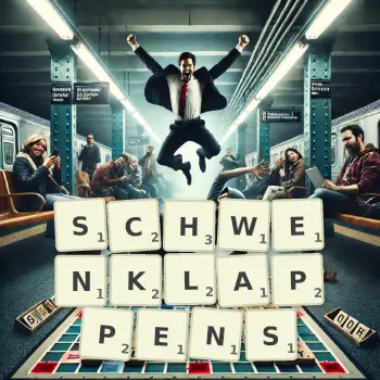 Kreative Illustration für ein Scrabble-Spiel, bei dem das Wort SCHWENKLAPPENS mit Steinen auf dem Brett gelegt wurde.