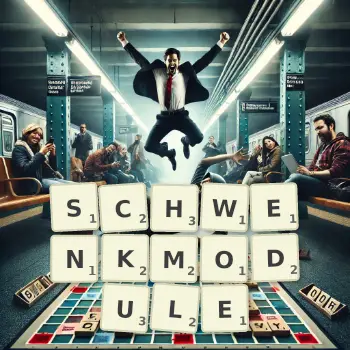 Kreative Illustration für ein Scrabble-Spiel, bei dem das Wort SCHWENKMODULE mit Steinen auf dem Brett gelegt wurde.