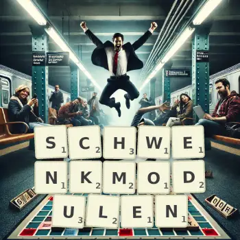 Kreative Illustration für ein Scrabble-Spiel, bei dem das Wort SCHWENKMODULEN mit Steinen auf dem Brett gelegt wurde.