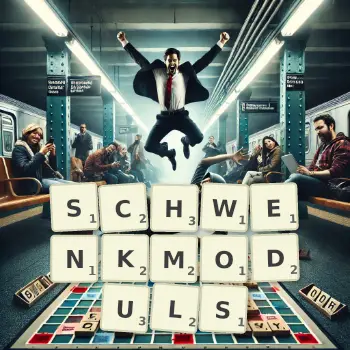 Kreative Illustration für ein Scrabble-Spiel, bei dem das Wort SCHWENKMODULS mit Steinen auf dem Brett gelegt wurde.