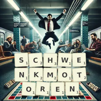 Kreative Illustration für ein Scrabble-Spiel, bei dem das Wort SCHWENKMOTOREN mit Steinen auf dem Brett gelegt wurde.