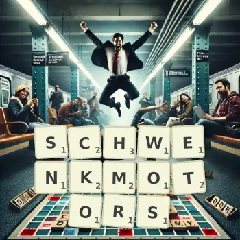 Kreative Illustration für ein Scrabble-Spiel, bei dem das Wort SCHWENKMOTORS mit Steinen auf dem Brett gelegt wurde.