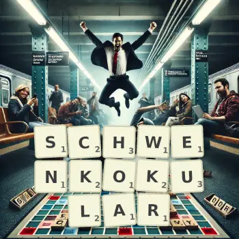 Kreative Illustration für ein Scrabble-Spiel, bei dem das Wort SCHWENKOKULAR mit Steinen auf dem Brett gelegt wurde.