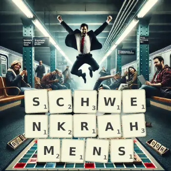 Kreative Illustration für ein Scrabble-Spiel, bei dem das Wort SCHWENKRAHMENS mit Steinen auf dem Brett gelegt wurde.