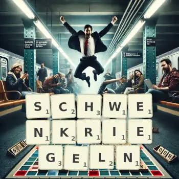 Kreative Illustration für ein Scrabble-Spiel, bei dem das Wort SCHWENKRIEGELN mit Steinen auf dem Brett gelegt wurde.