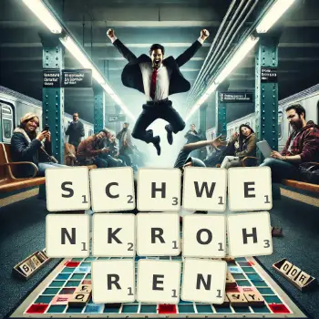 Kreative Illustration für ein Scrabble-Spiel, bei dem das Wort SCHWENKROHREN mit Steinen auf dem Brett gelegt wurde.